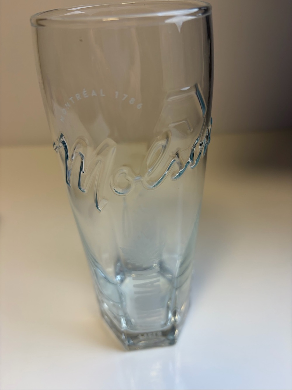 Molson Canadian Tall Embossed Beer Glass - Clear Light Blue Tint
